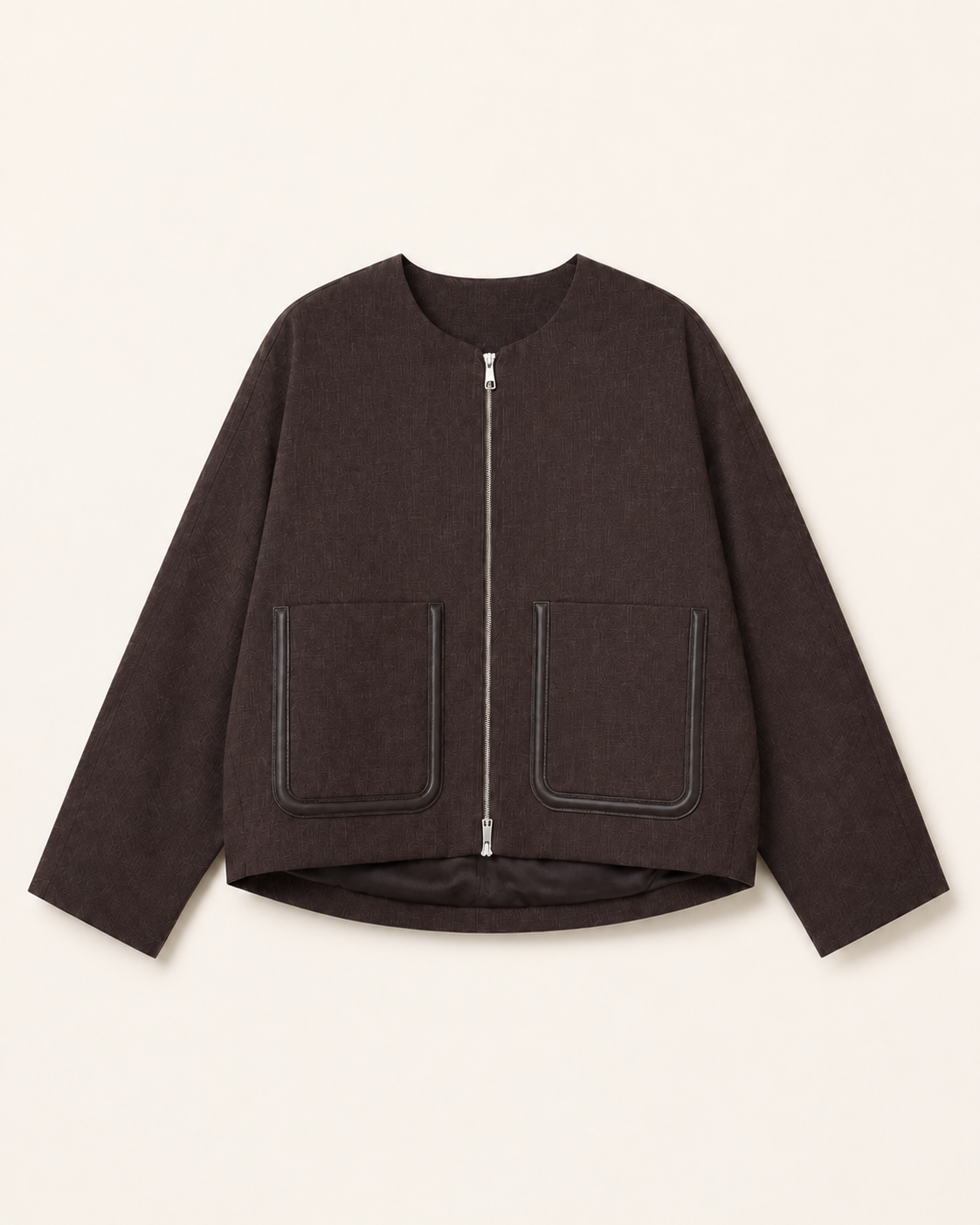 Brown Collarless Zip Jacket