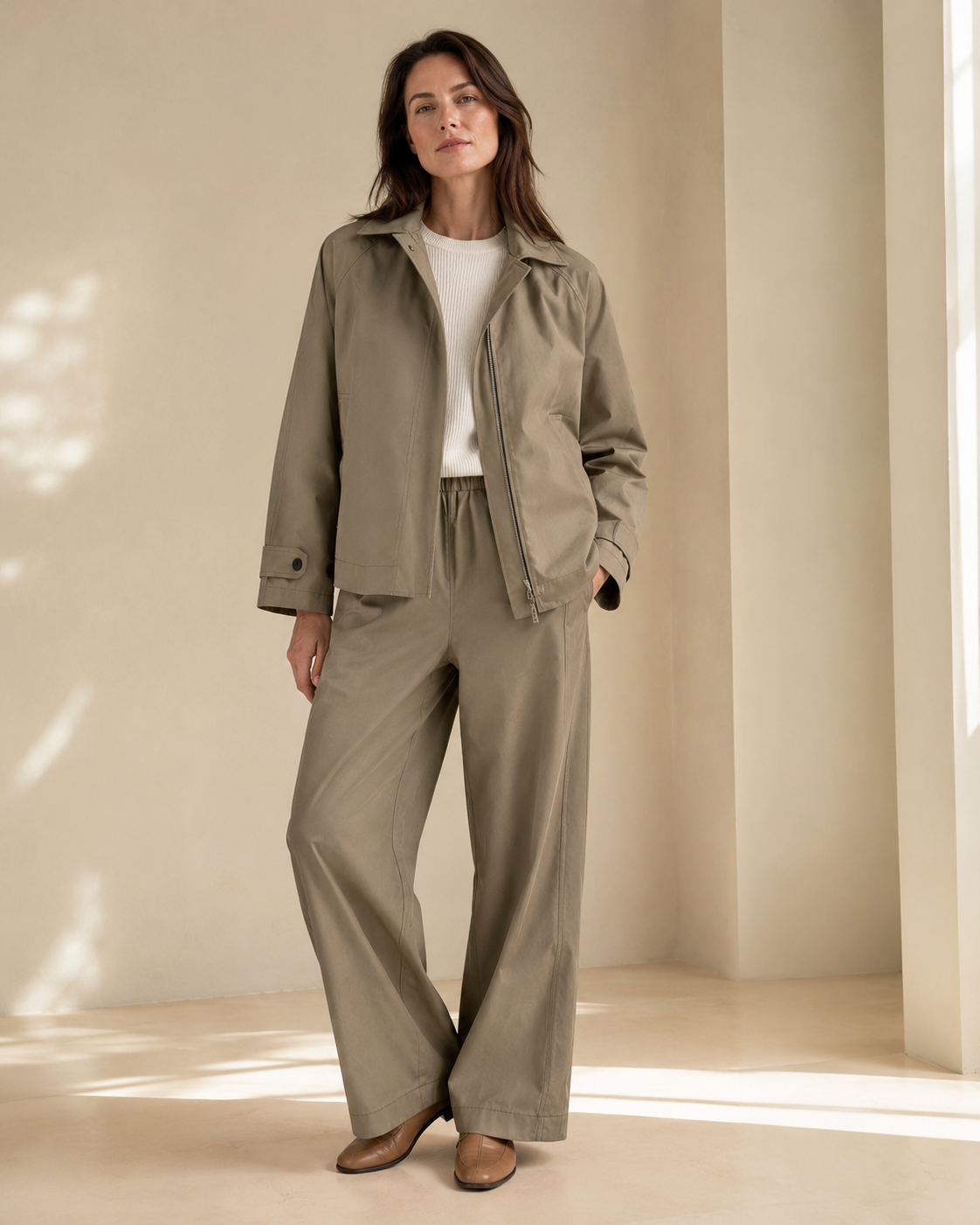 Stone Cotton Straight-Leg Utility Trousers