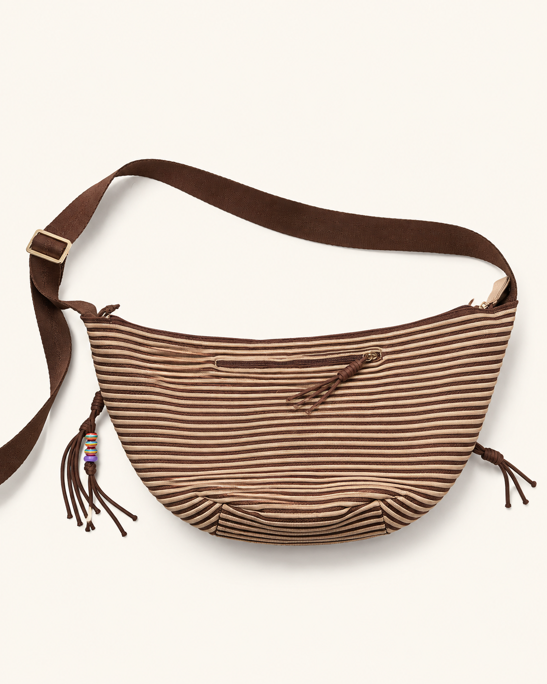 Brown Striped Textured Crescent Bag