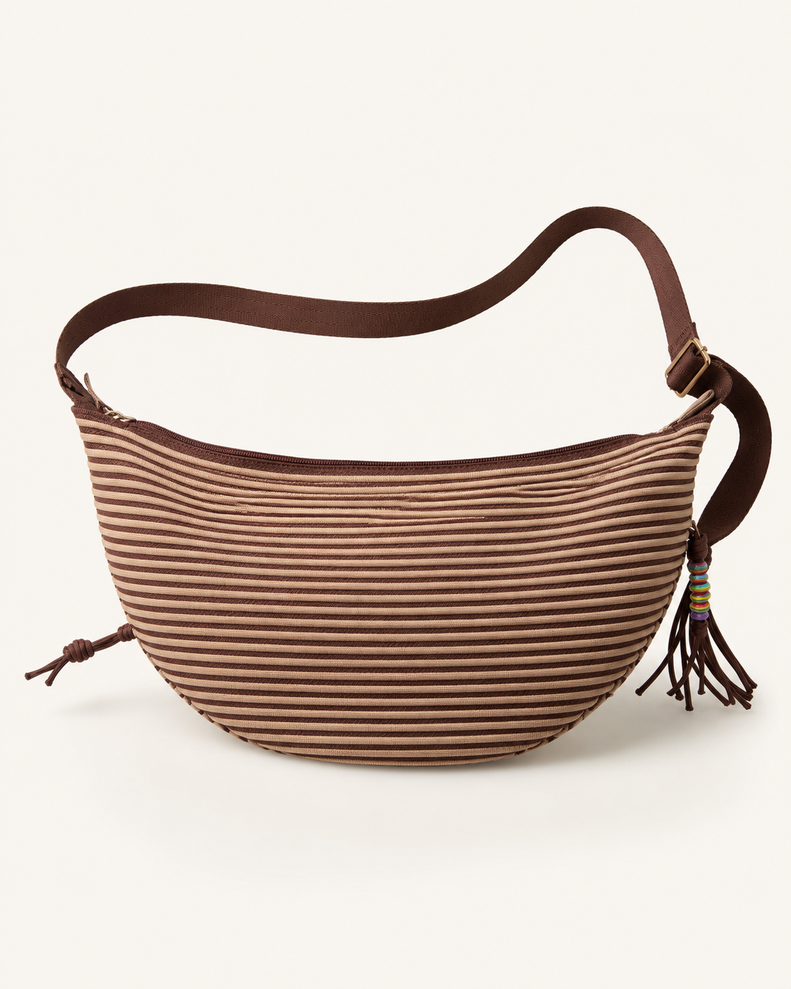 Brown Striped Textured Crescent Bag