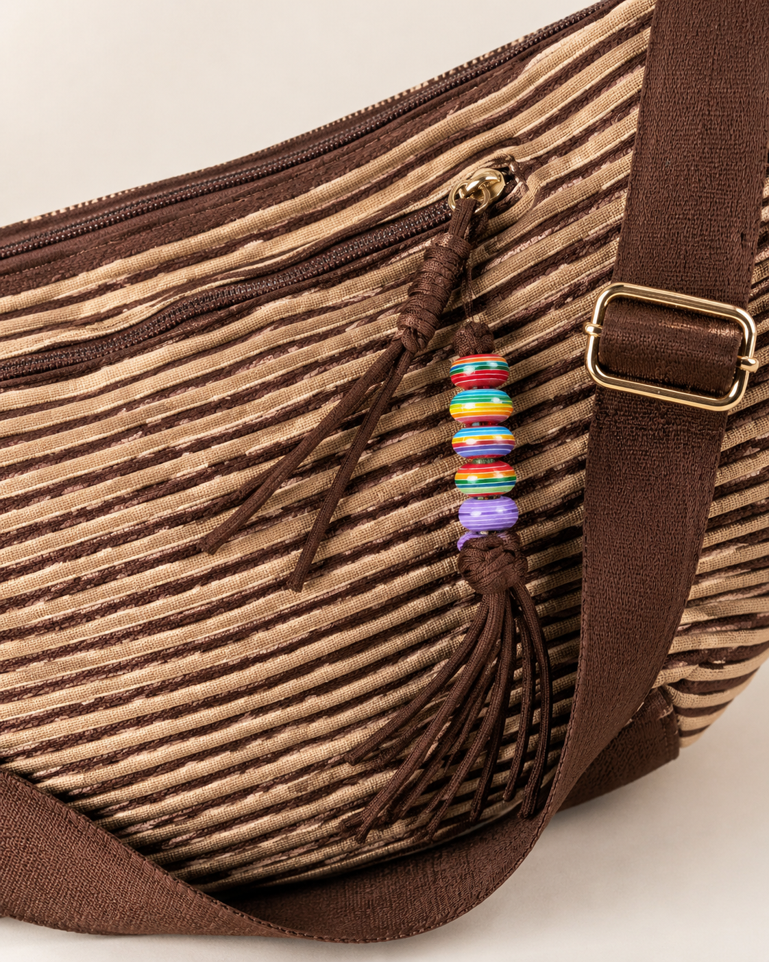Brown Striped Textured Crescent Bag