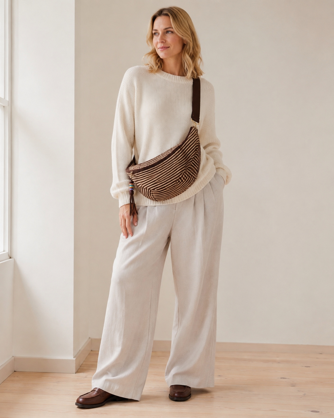 Brown Striped Textured Crescent Bag
