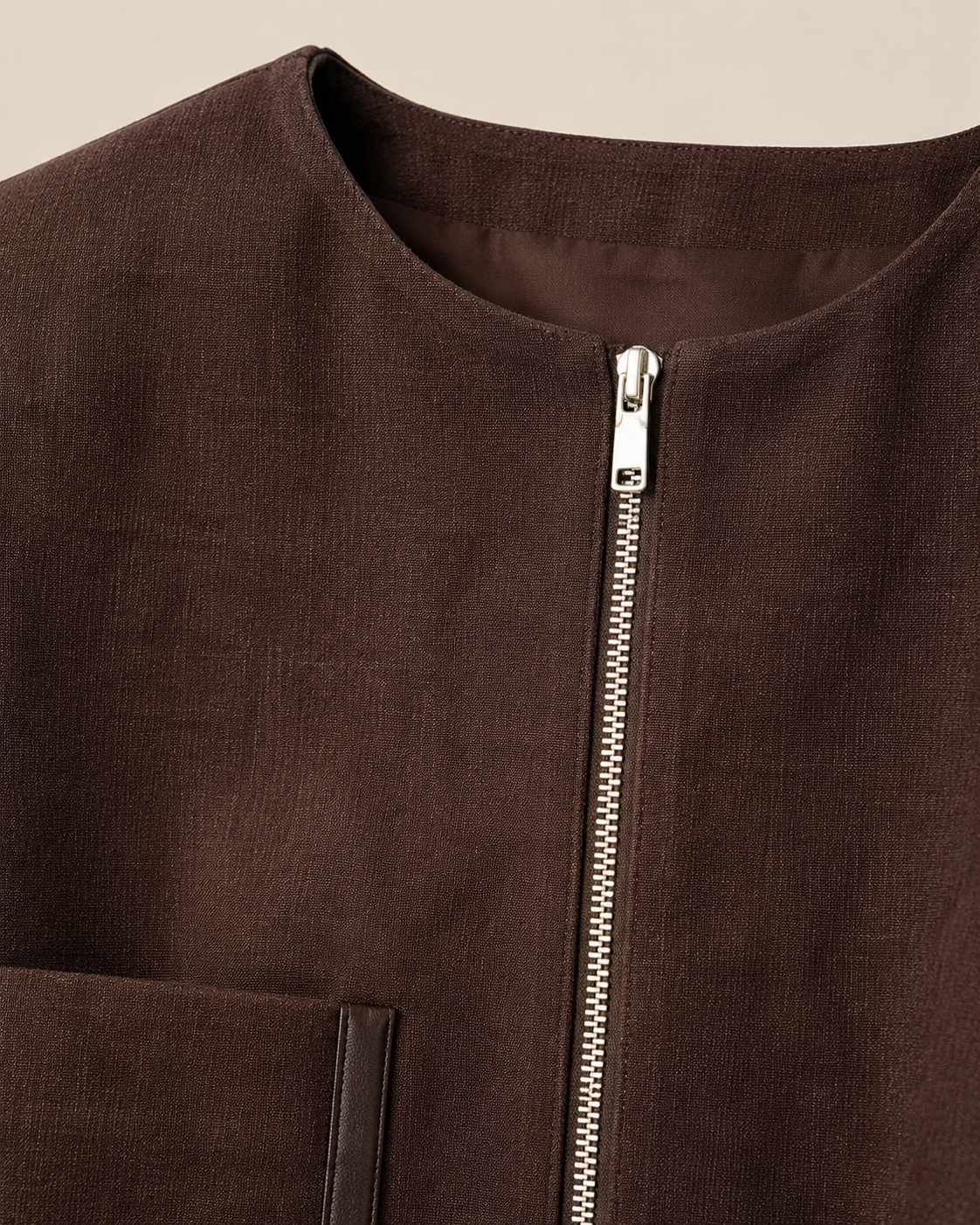 Brown Collarless Zip Jacket
