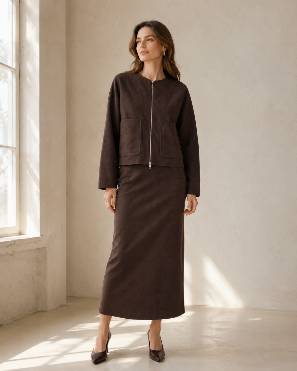 Brown Collarless Zip Jacket