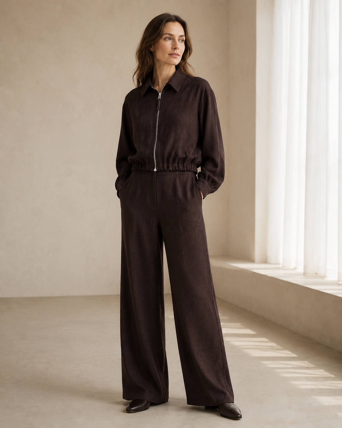Brown Cropped Collared Zip Jacket