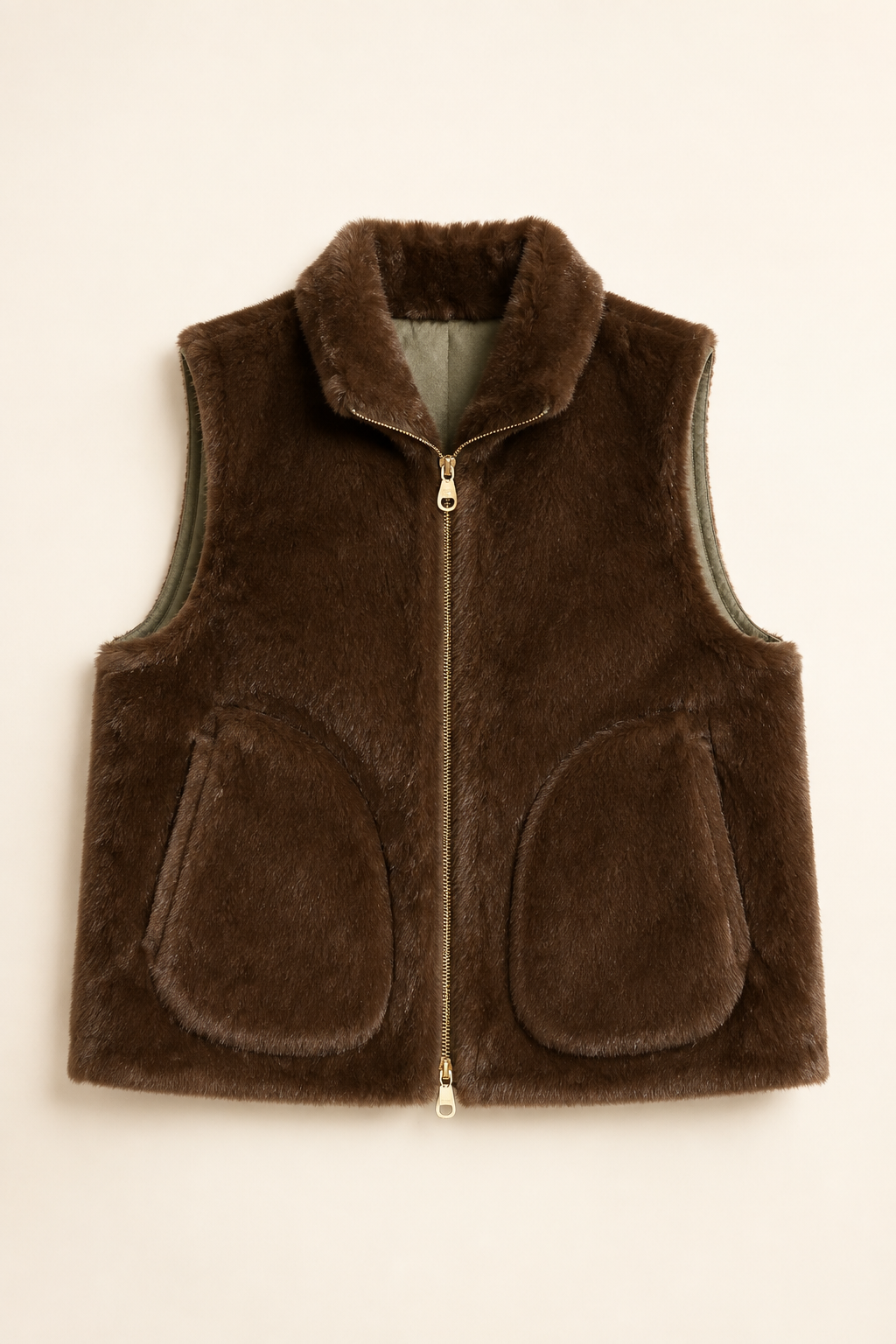 Reversible Khaki & Brown Faux Fur Vest
