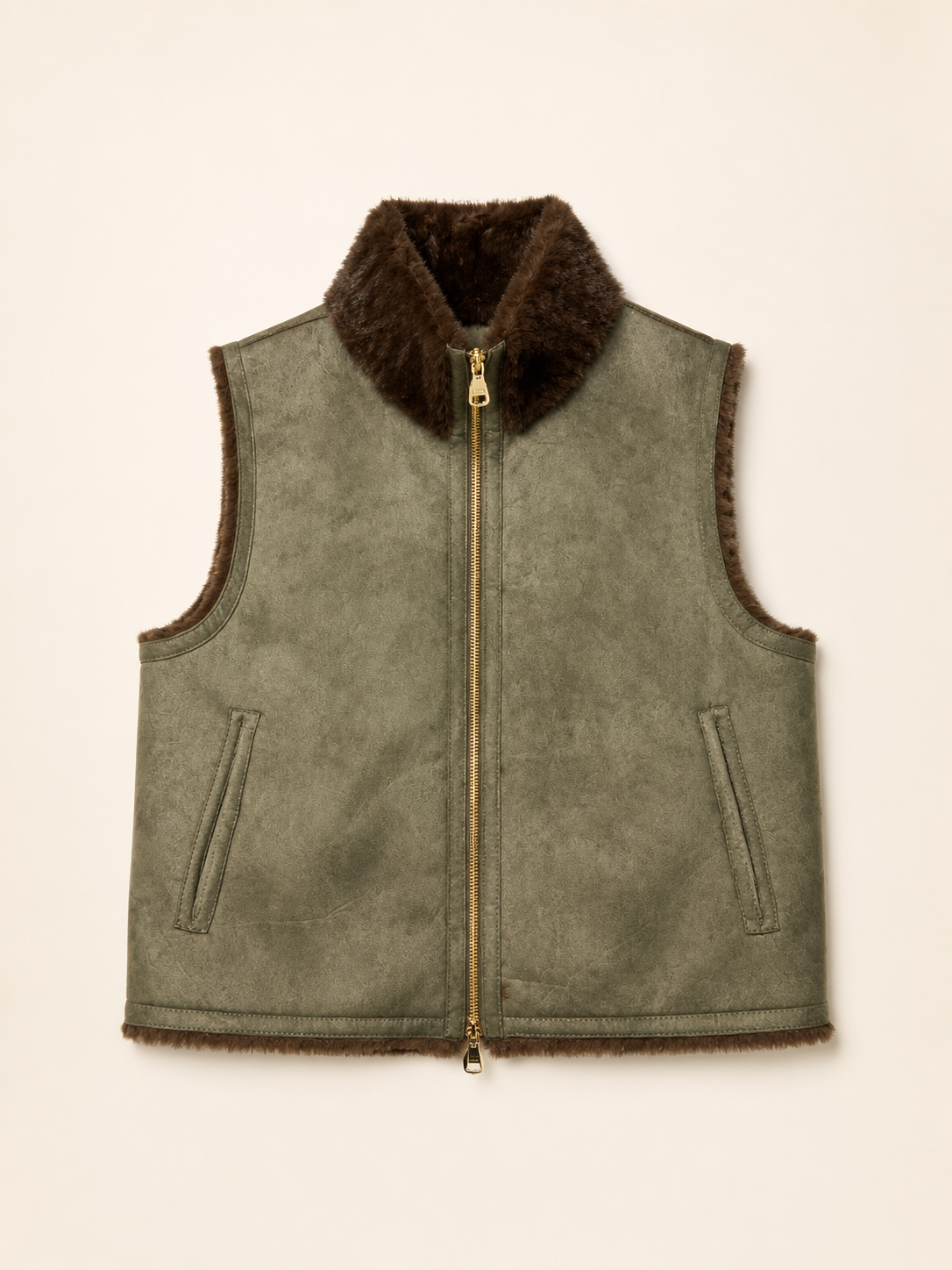 Reversible Khaki & Brown Faux Fur Vest