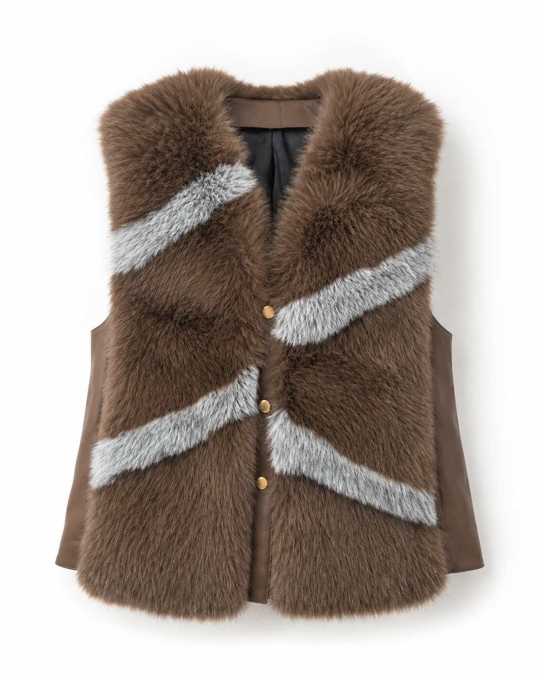 Brown & Grey Faux Fur Gilet with Faux Leather Panels