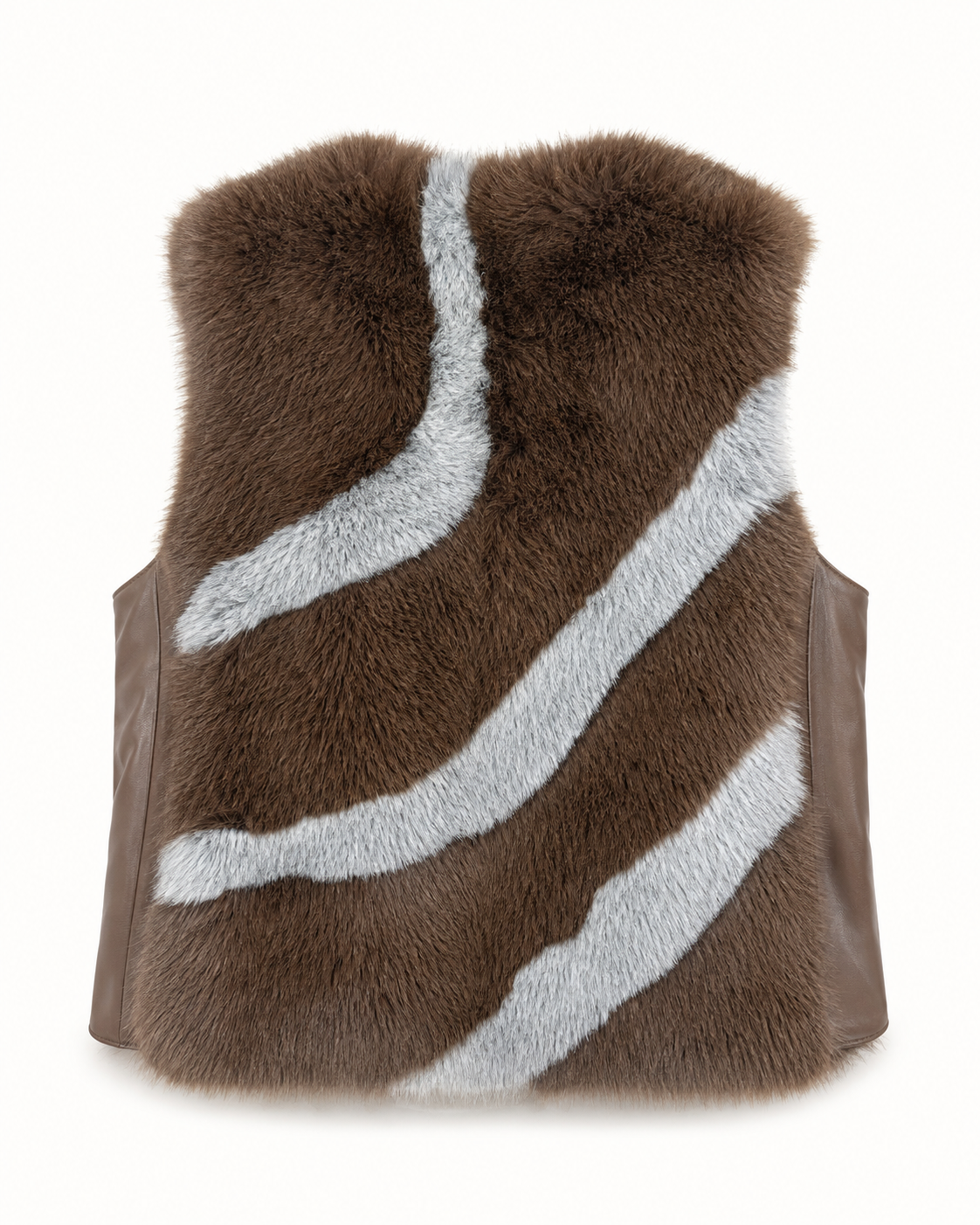 Brown & Grey Faux Fur Gilet with Faux Leather Panels