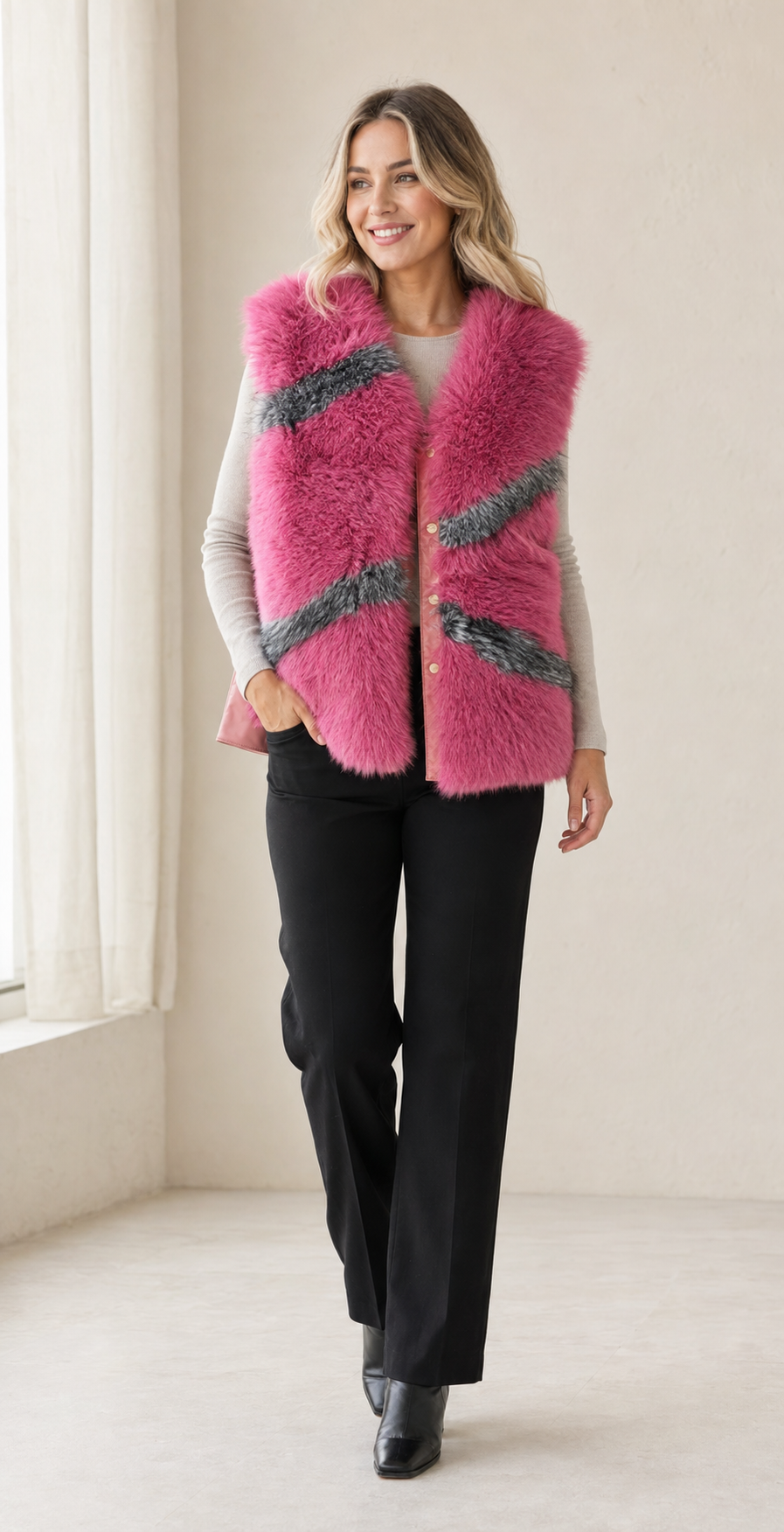 Pink & Grey Faux Fur Gilet with Faux Leather Panels