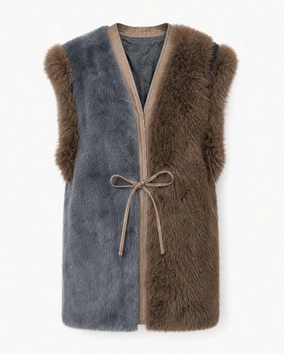 Brown & Grey Colour Block Faux Fur Long Gilet
