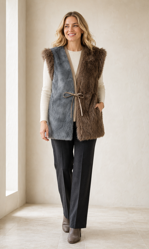 Brown & Grey Colour Block Faux Fur Long Gilet