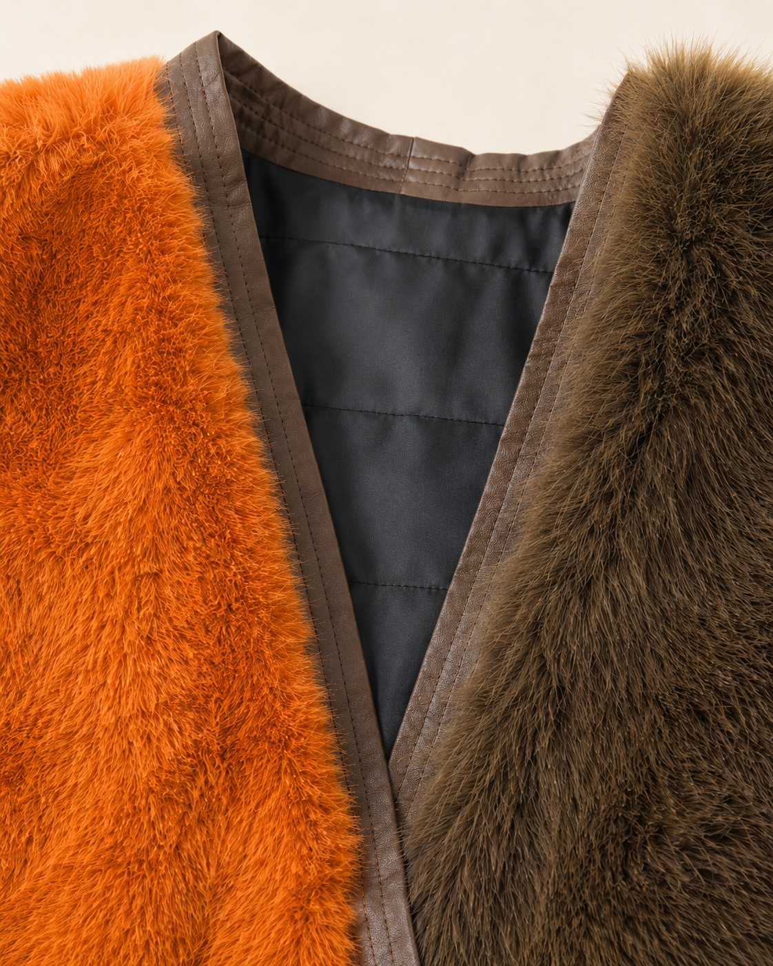 Orange & Brown Colour Block Faux Fur Long Gilet