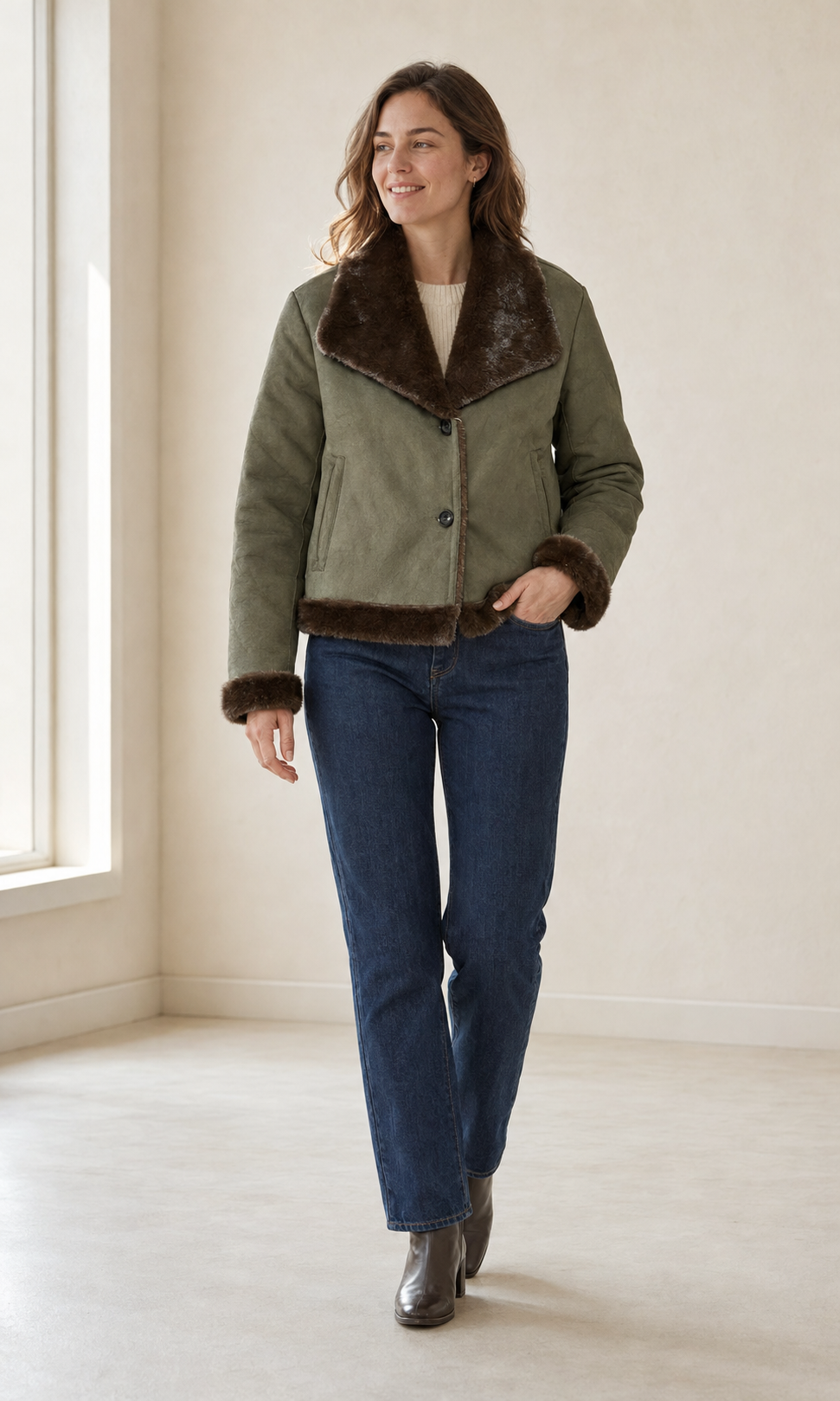 Reversible Khaki & Brown Faux Fur Short Jacket