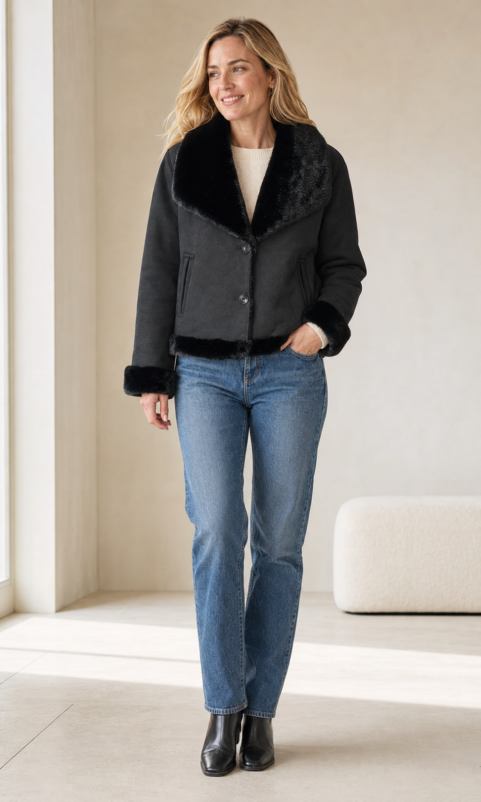 Reversible Black Faux Fur Short Jacket