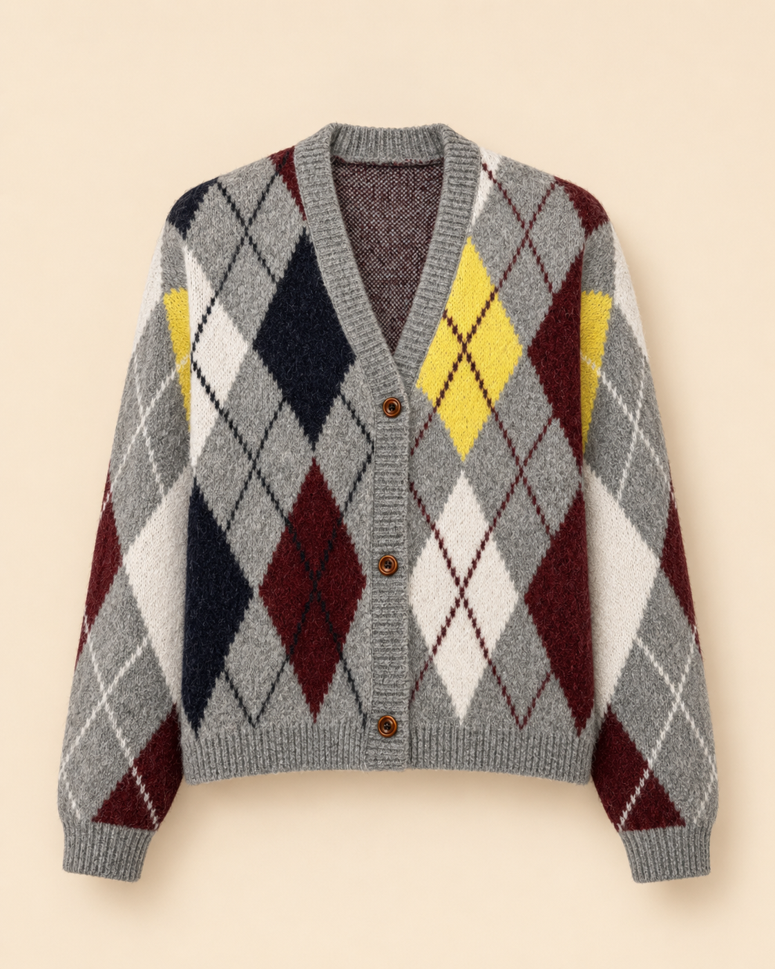 Argyle Cardigan – Grey Multi Colour Fluffy Knit
