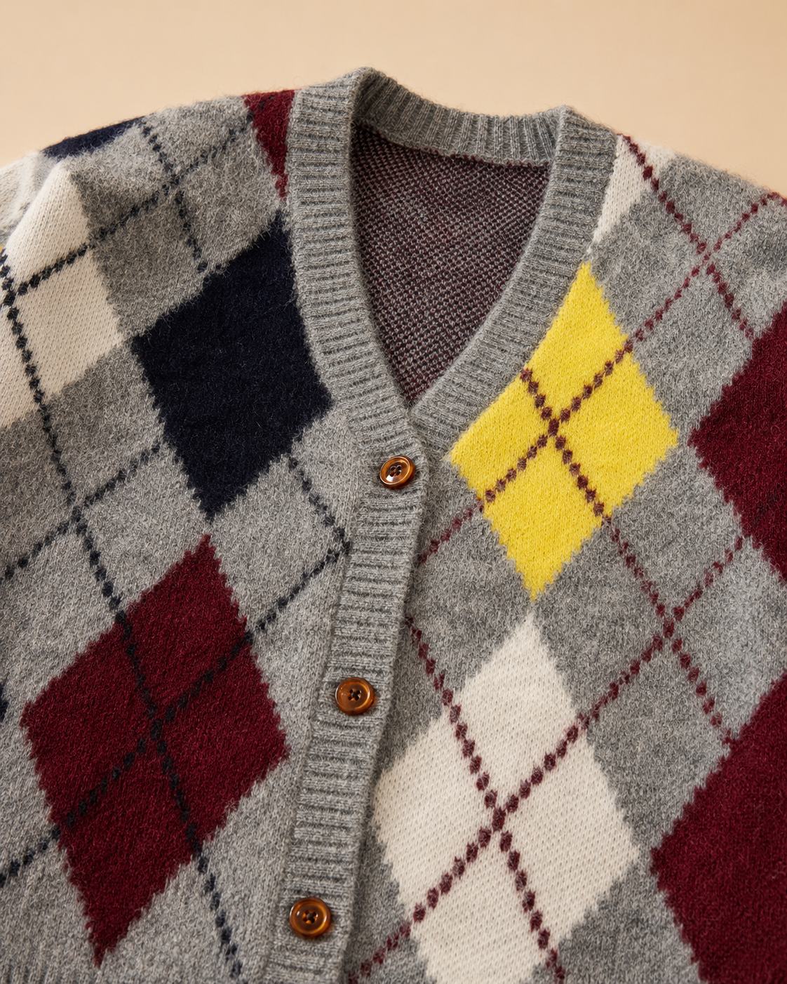 Argyle Cardigan – Grey Multi Colour Fluffy Knit
