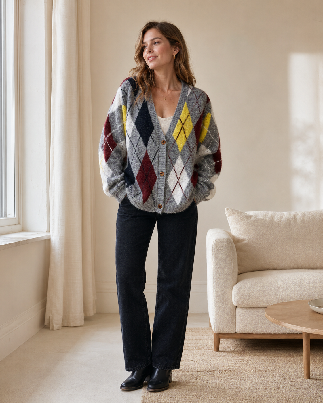 Argyle Cardigan – Grey Multi Colour Fluffy Knit