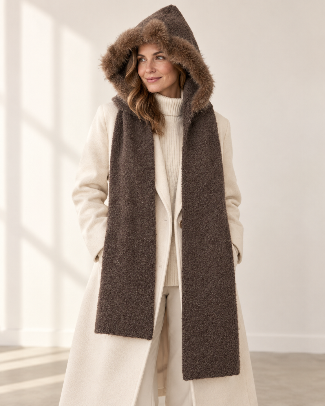 Latte Faux Fur-Trim Hooded Scarf