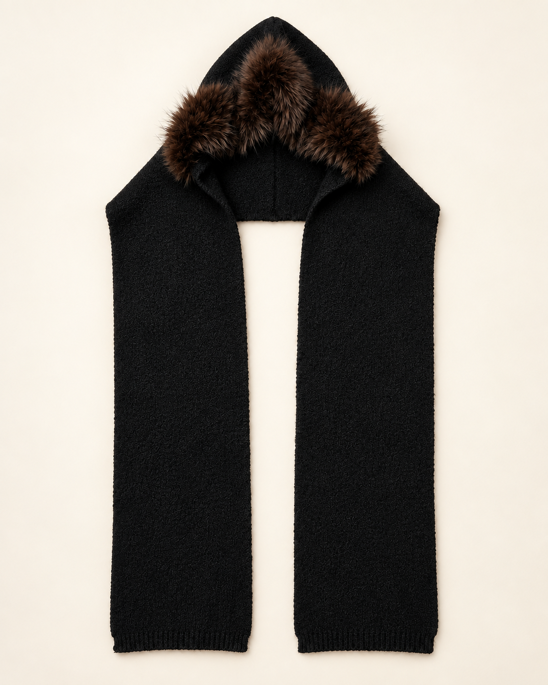 Black Faux Fur-Trim Knitted Hooded Scarf