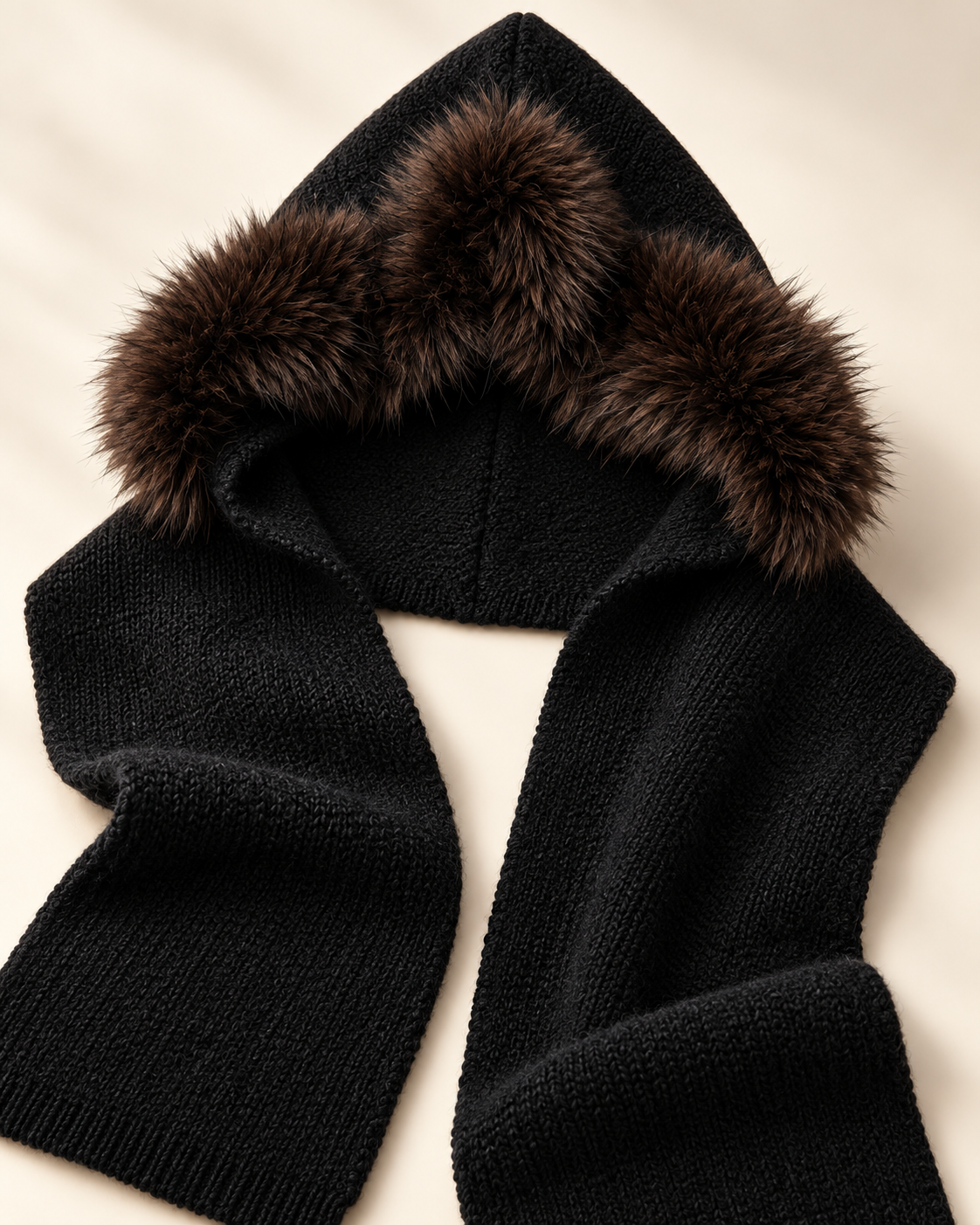 Black Faux Fur-Trim Knitted Hooded Scarf