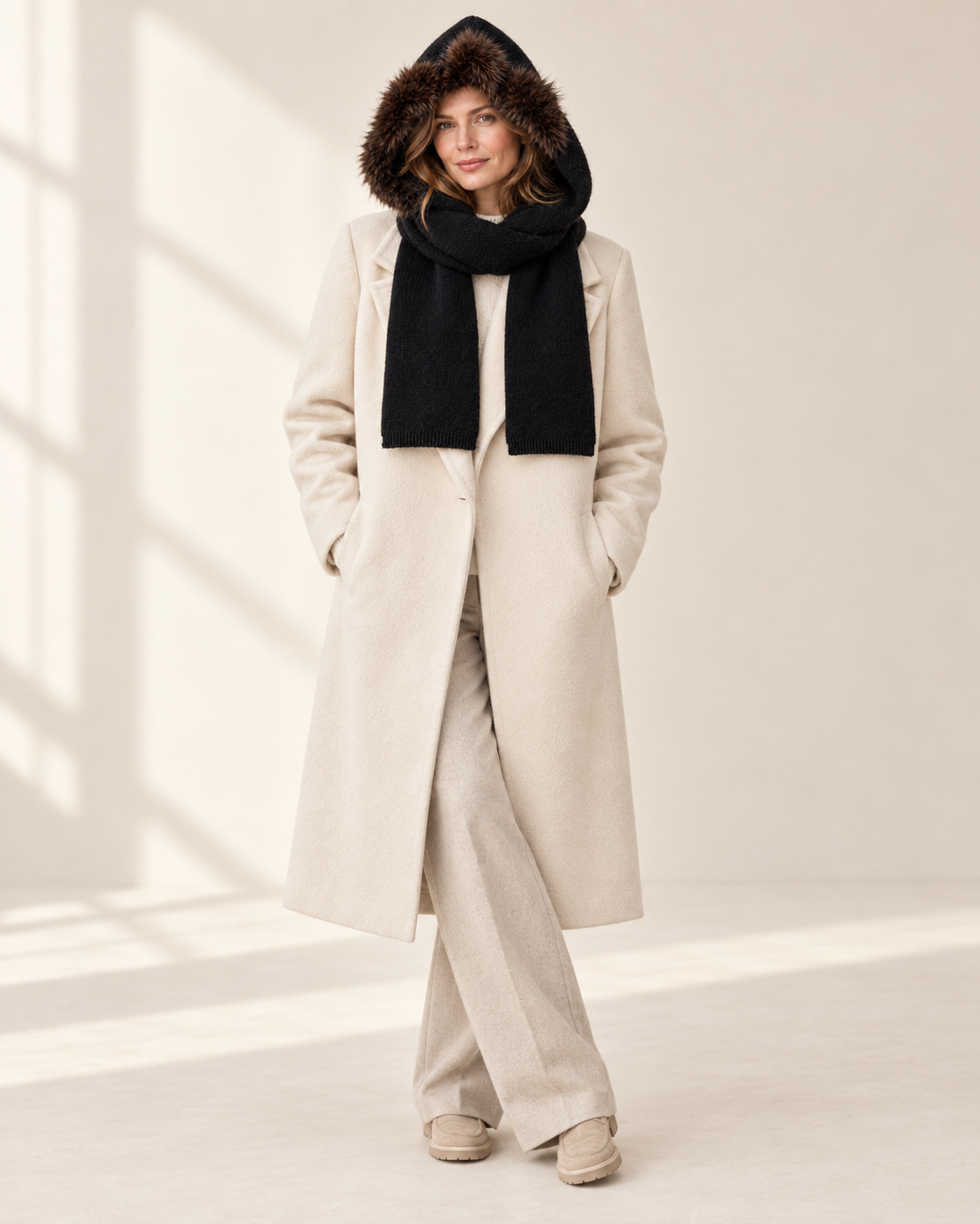 Black Faux Fur-Trim Knitted Hooded Scarf