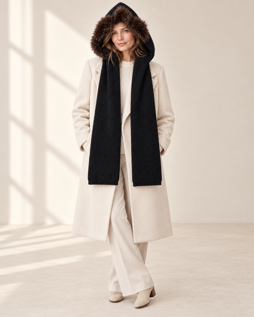 Black Faux Fur-Trim Knitted Hooded Scarf
