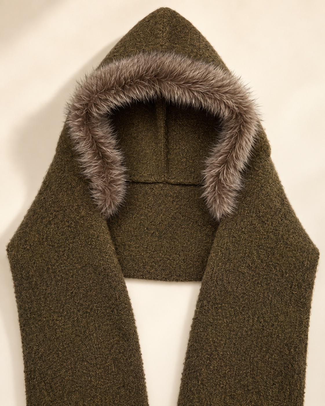 Olive Faux Fur-Trim Knitted Hooded Scarf