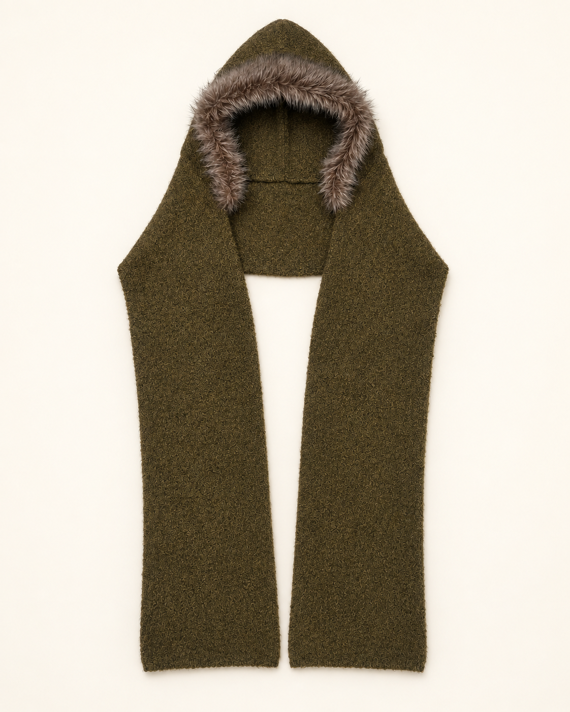 Olive Faux Fur-Trim Knitted Hooded Scarf