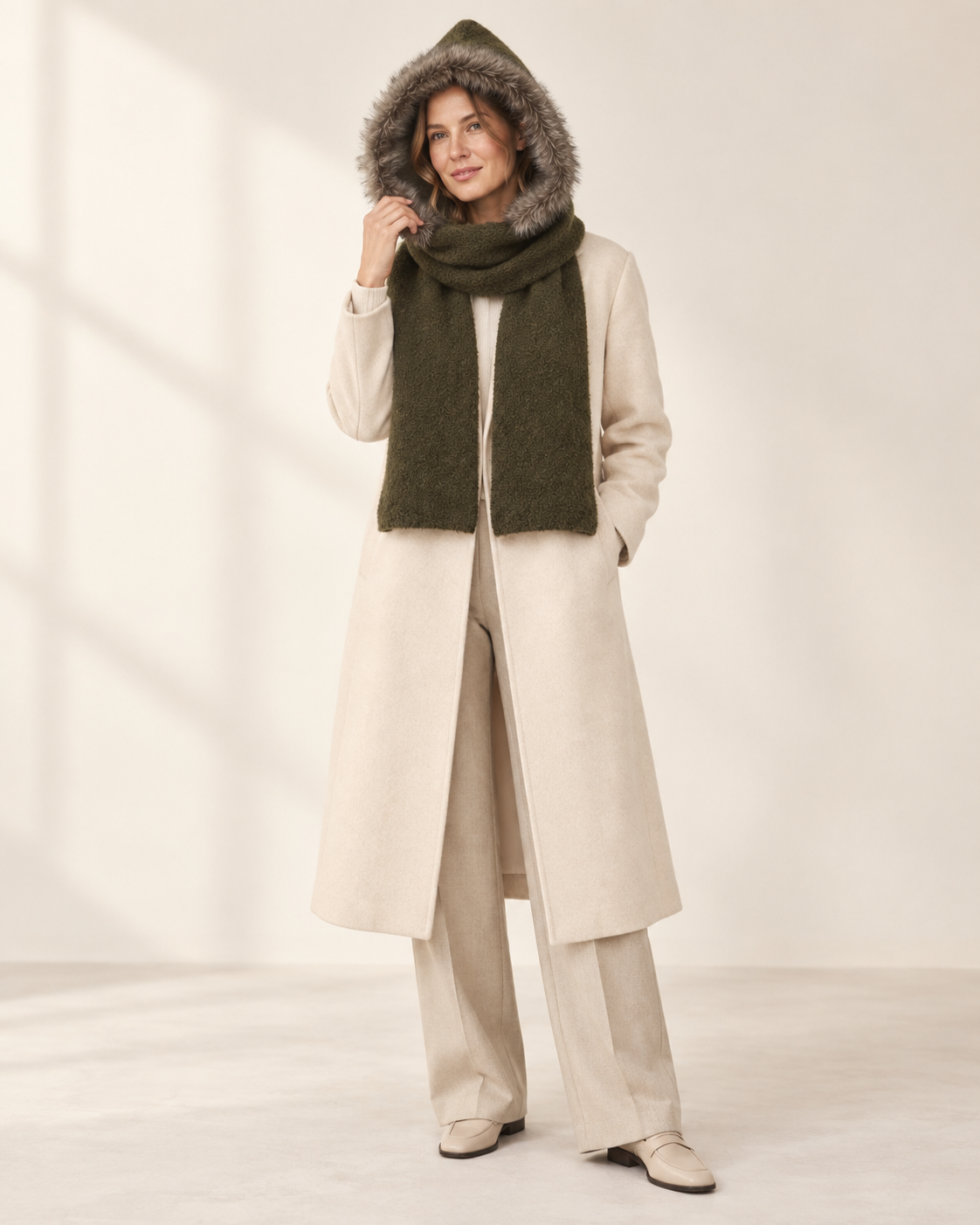 Olive Faux Fur-Trim Knitted Hooded Scarf