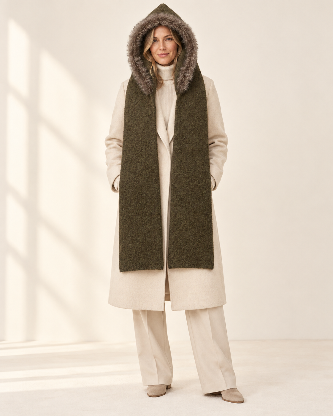 Olive Faux Fur-Trim Knitted Hooded Scarf
