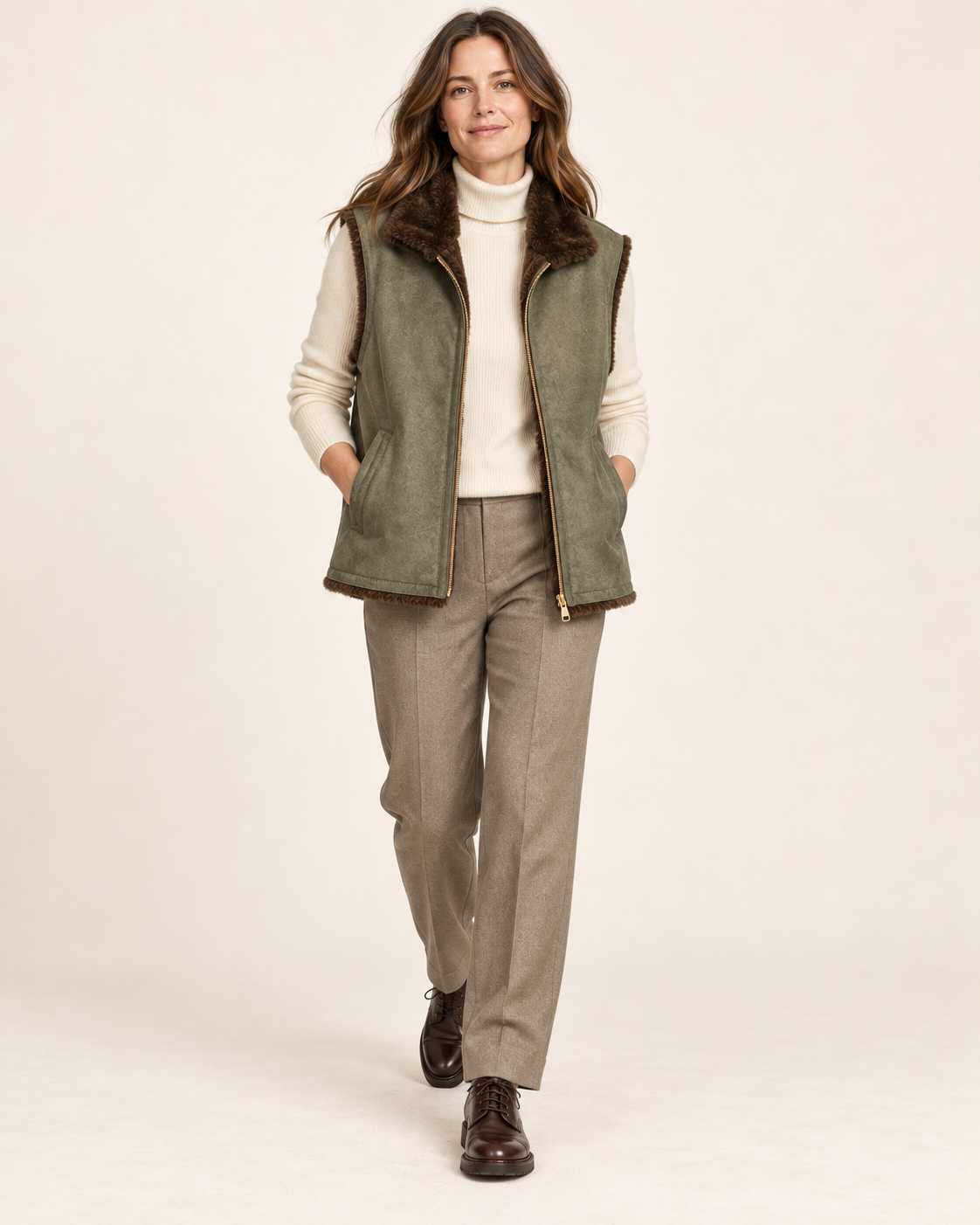 Reversible Khaki & Brown Faux Fur Vest