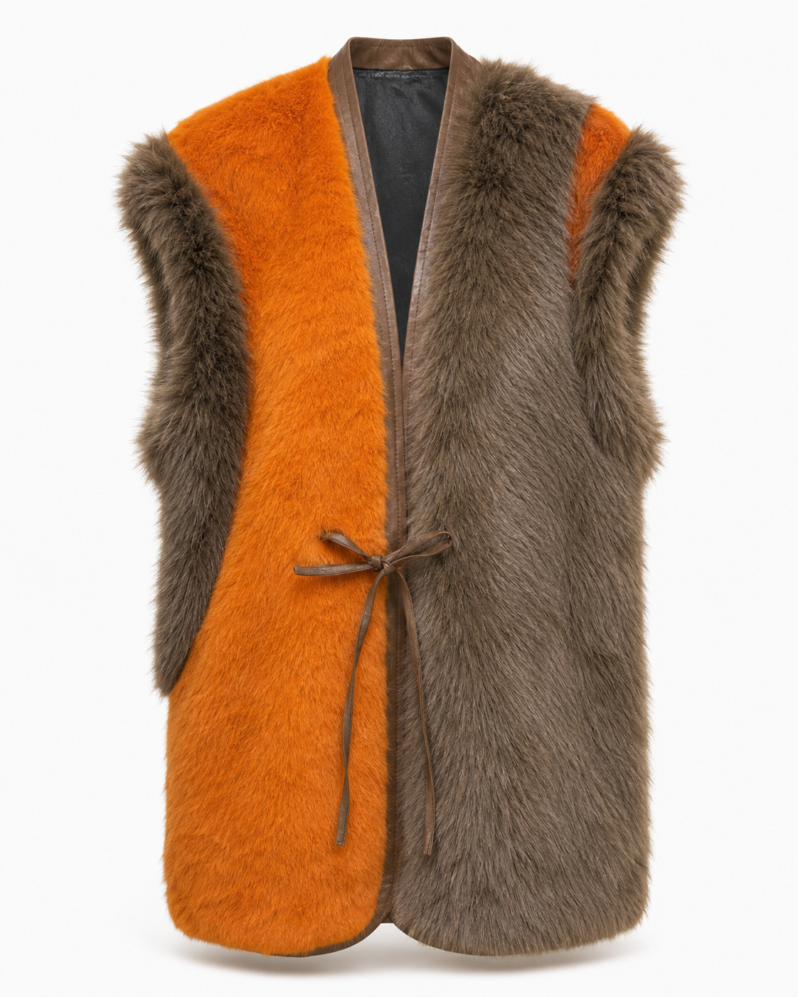 Orange & Brown Colour Block Faux Fur Long Gilet