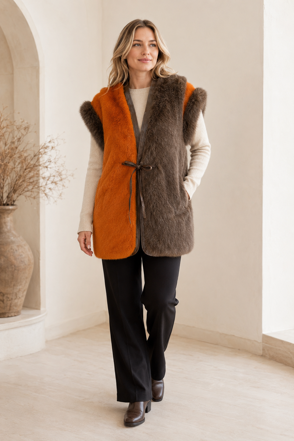 Orange & Brown Colour Block Faux Fur Long Gilet