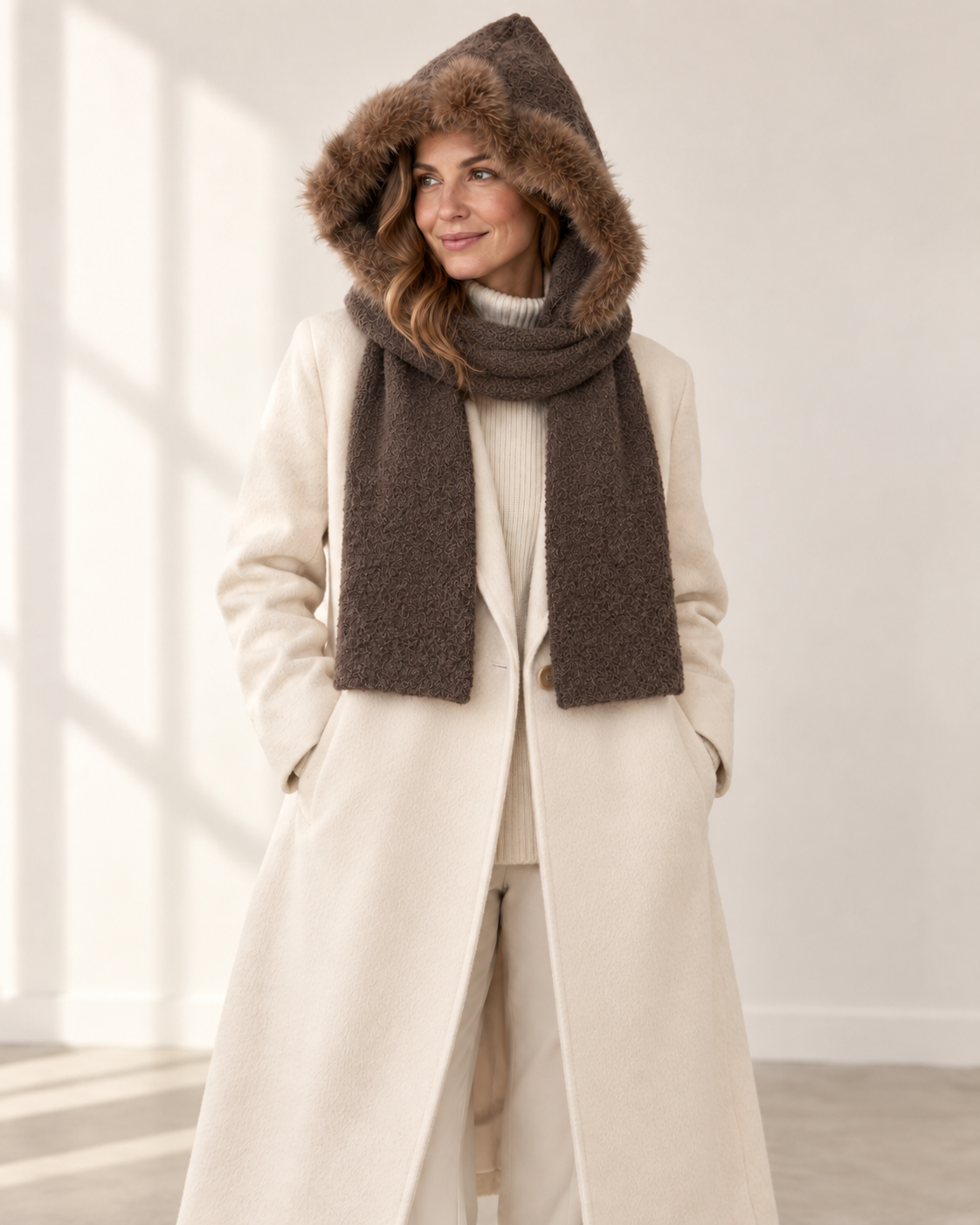 Latte Faux Fur-Trim Hooded Scarf